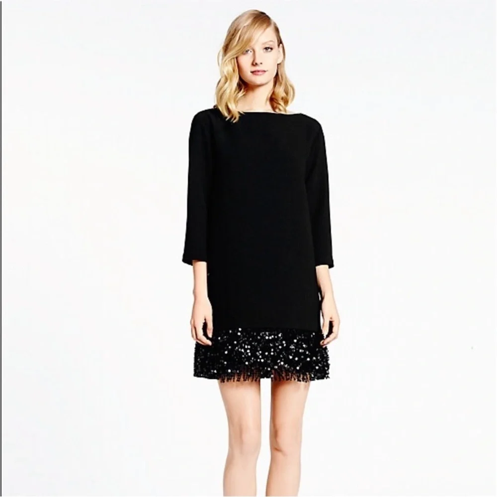 Kate Spade Sequin Fringe Hem Black Cocktail Party Mini Dress LBD Size 10